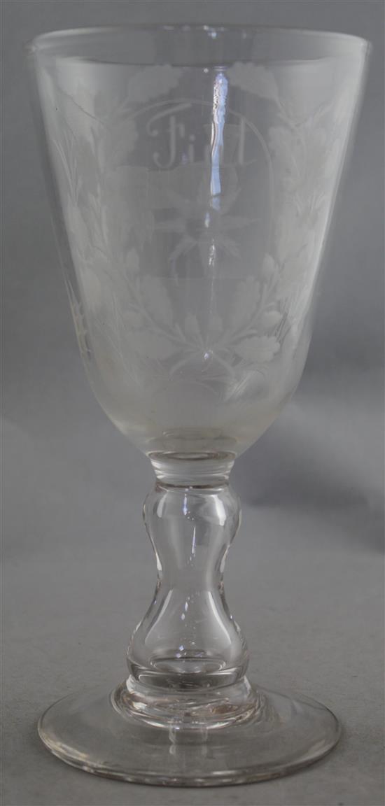 A Jacobite inspired wheel engraved glass goblet, late 19th / early 20th century 23.2cm